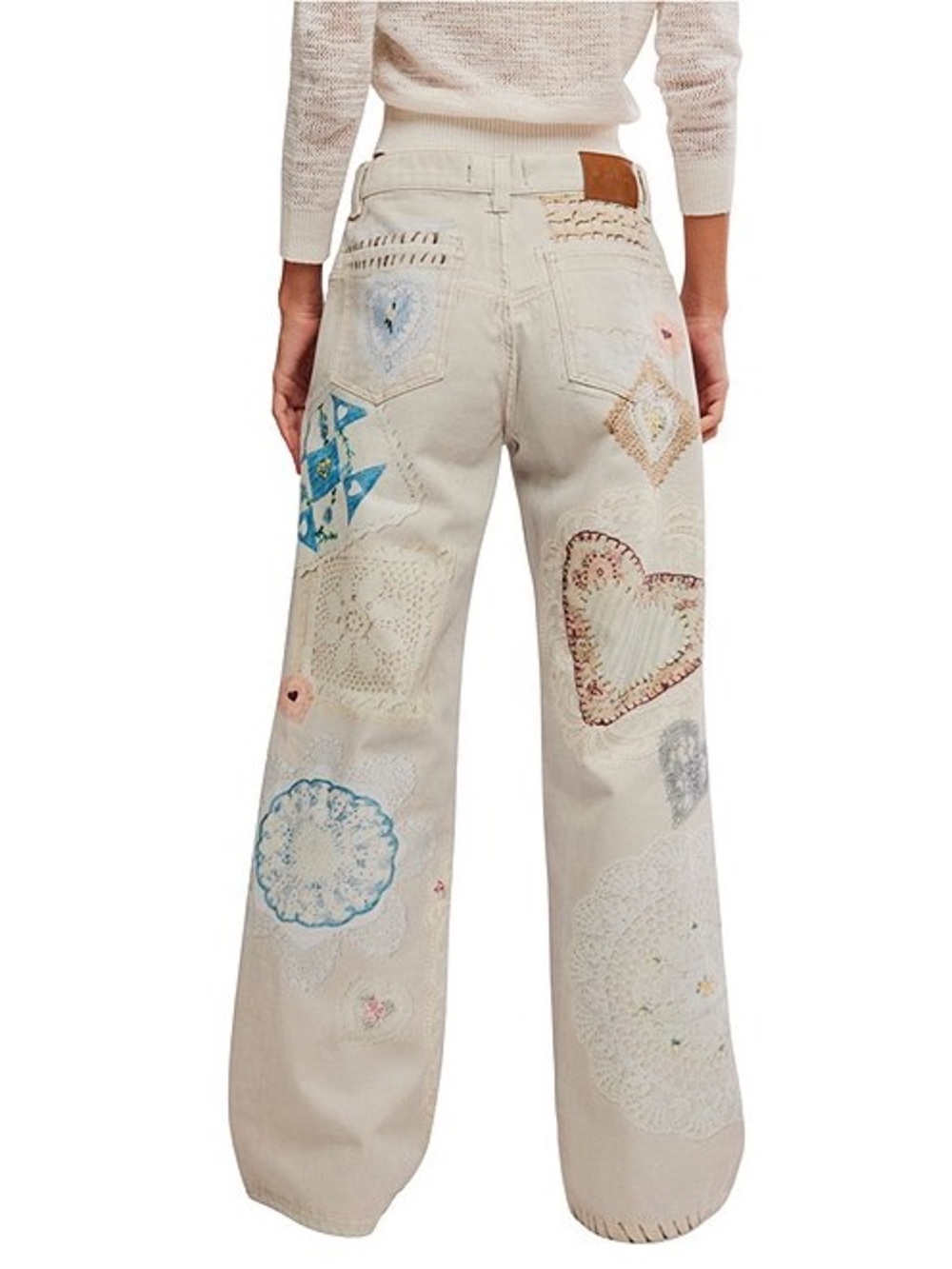 Free People Cream Straight-Leg Heart Patch Jeans - Picture 2 of 12
